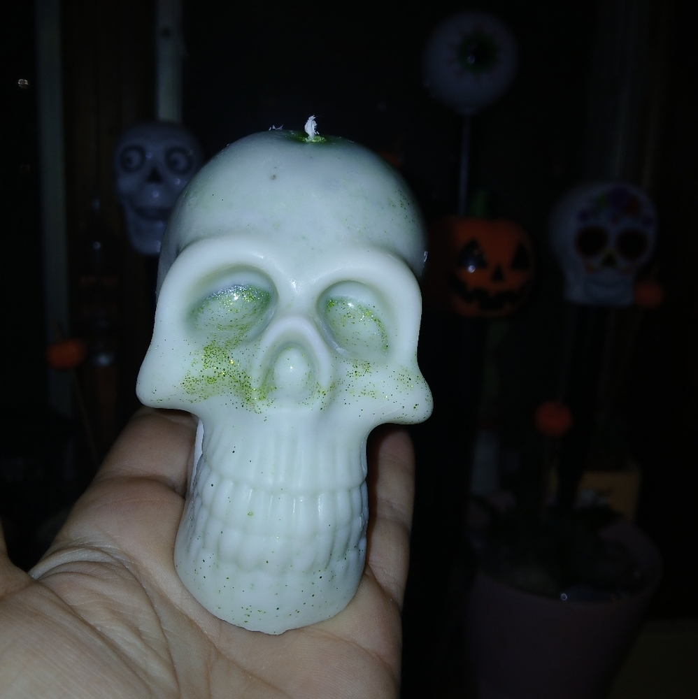Green Glitter Skull Candle